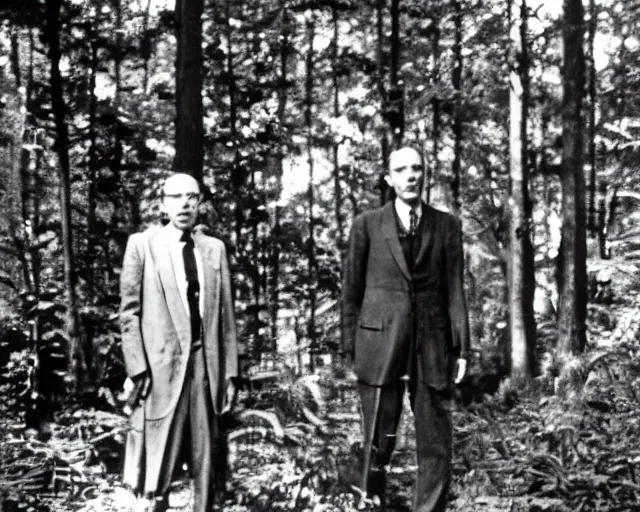 Image similar to edgar cayce and aldous huxley in a forest