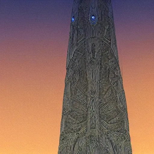 Image similar to dark obelisk on a beautiful valley at the dawn, intricate patterns, painted by Moebius and Tsutomu Nihei