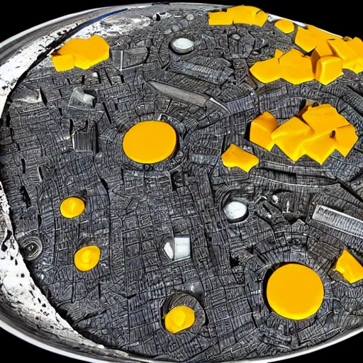 Image similar to an alien city on the moon made entirely from cheese. digital illustration. highly detailed. bizarre. seen through a telescope.