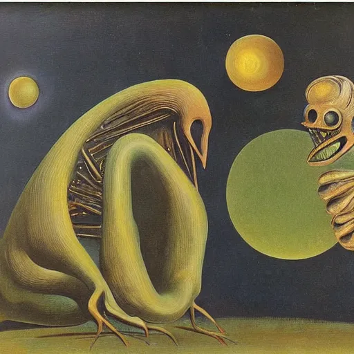 Image similar to An oil painting of a strange alien creature by Max Ernst and Giorgio de Chirico