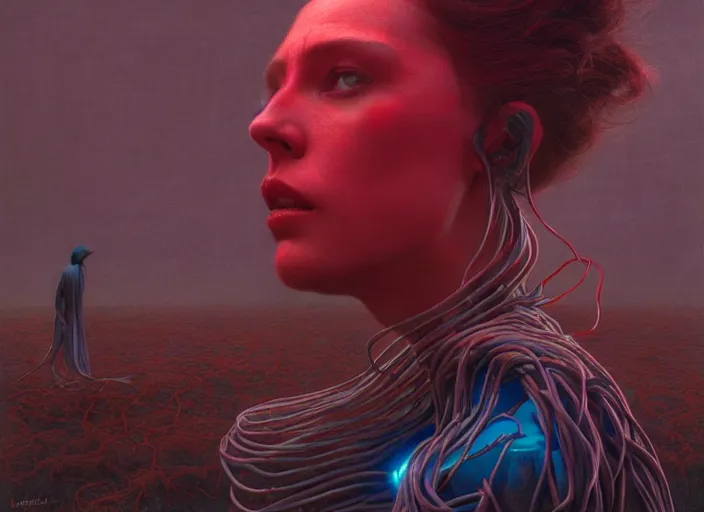 Image similar to Portrait Masterpiece, Wanda Maximoff, furious, red and cyan, glowing, wires everywhere, by Edgar Maxence and Ross Tran, Zdzisław Beksiński, and Michael Whelan, distant, gustav dore, H.R. Giger, 8k, octane render