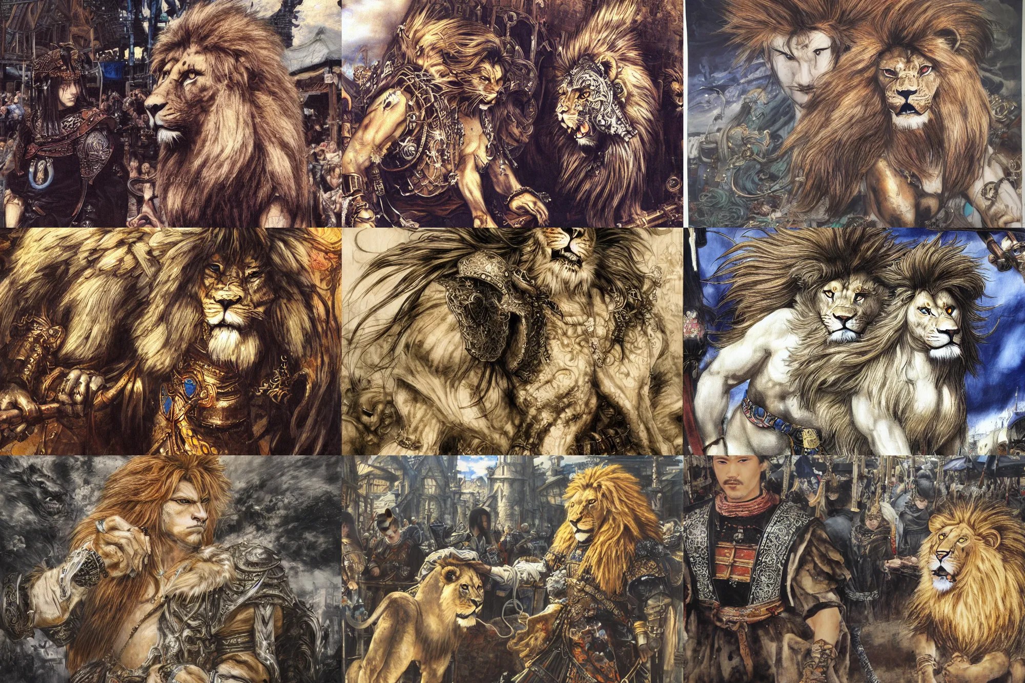 Image similar to 8k Yoshitaka Amano painting of upper body of a young cool looking lion beastman with white mane at a medieval market at windy day. Depth of field. He is wearing complex fantasy clothing. He has huge paws. Renaissance style lighting.