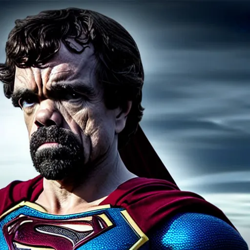 Prompt: stunning awe inspiring peter dinklage as superman, movie still 8 k hdr atmospheric lighting