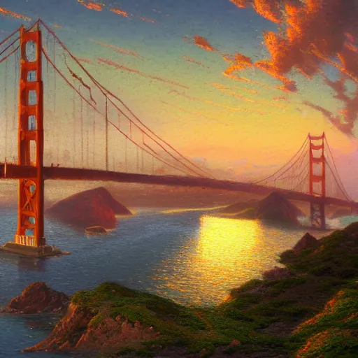 Prompt: golden gate bridge at sunset by Thomas Kinkade, green dragon flying above, Greg Rutkowski. trending on artstation, Unreal Engine, cgsociety, Hudson River School, 8k render