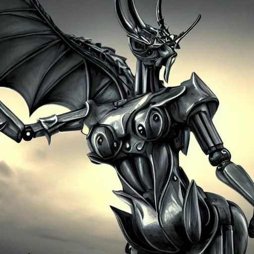 Image similar to close-up shot of a cute and beautiful well-proportioned anthropomorphic robot female dragon doing an elegant pose, has two eyes and two horns on a dragon head, a sleek yet elegant design of metal plating, with two big epic wings behind her, two arms with one hand on her hip, the background is of the beach at night; HD digital art, artstation, deviantart, furaffinity, high quality detail