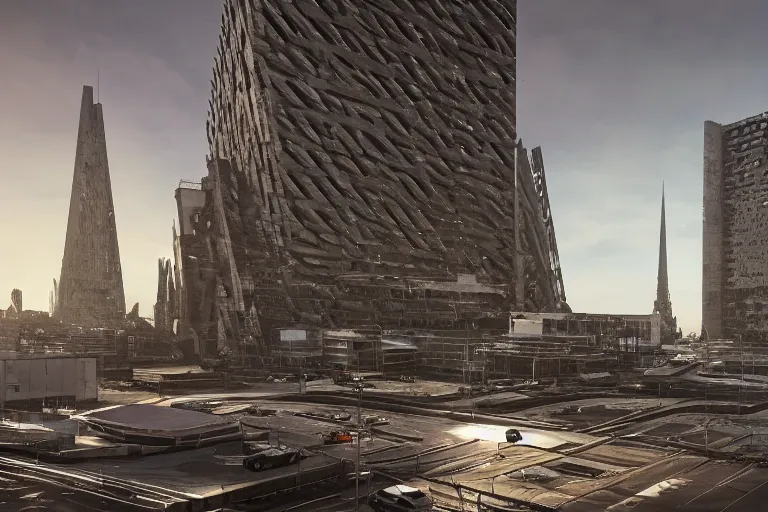 Image similar to streetscape, a towering cathedral of brutalist architecture, buildings covered with greebles, stunning volumetric light, sunset, metal, concrete and translucent material, stunning skies, majestic landscape, trending on Artstation, 8k, photorealistic, hyper detailed, unreal engine 5, IMAX quality, cinematic, epic lighting, in the style of Greg Rutkowski