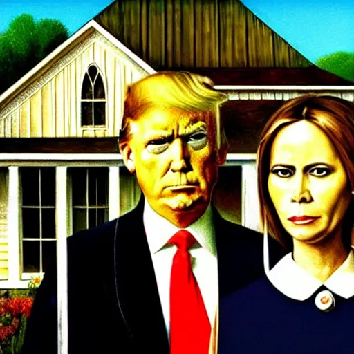 Image similar to american gothic painting but with donald trump and melania trump as the subjects, art station, high quality,