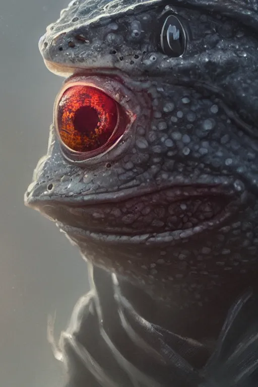 Image similar to a portrait of a frog in a hoody by Greg Rutkowski, Sung Choi, Mitchell Mohrhauser, Maciej Kuciara, Johnson Ting, Maxim Verehin, Peter Konig, Bloodborne , 8k photorealistic, cinematic lighting, HD, high details, atmospheric , trending on artstation