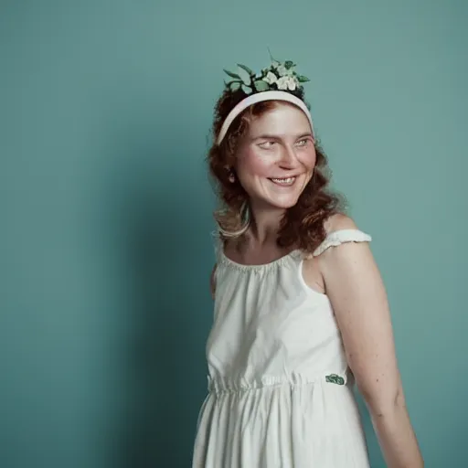 Image similar to a photograph of beautiful nordic woman, wistful smile, wearing a white folkdrakt dress, she has a summer flower headband. against a teal studio backdrop. strong kodak portra 4 0 0 film look. film grain. cinematic. in - focus