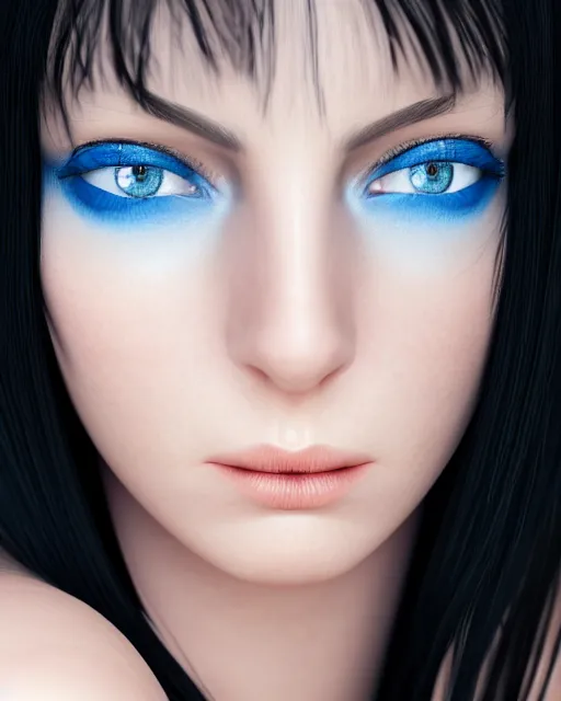 Image similar to realistic portrait of woman with black hair and blue eyes while she's sad, ultra realistic, 8k