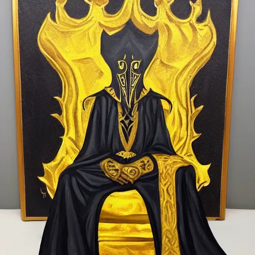 Image similar to eldritch king dressed in mask and robes sitting on a throne, gold yellow and black colour scheme, sideways shot, canvas, oil paint style