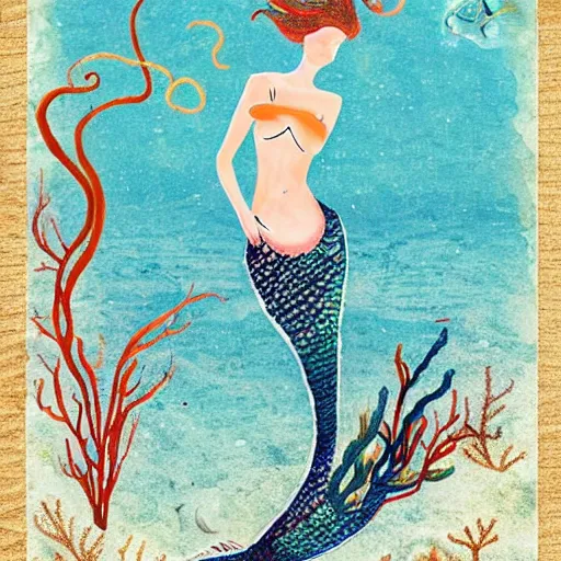 Prompt: a mermaid with coral and seaweed and squid by Jane Davenport-n 9