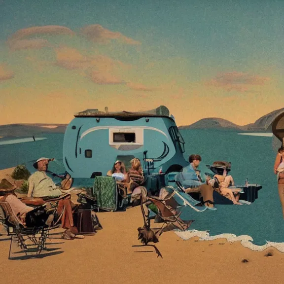 Prompt: Camping with rv by the beach, art nouveau matte painting, highly detailed,