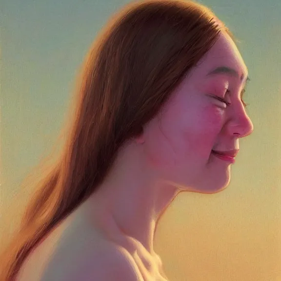 Image similar to epic portrait of a beautiful girl with an unnaturally wide smile, high detail, horror smile, sharp focus, beautiful!, scary, dewy skin, ethereal, painting, concept art, warm lighting, greg rutkowski, by kawase hasui, moebius and edward hopper, vivid bright light, colorful flat surreal design, hd, 4 k, artstation
