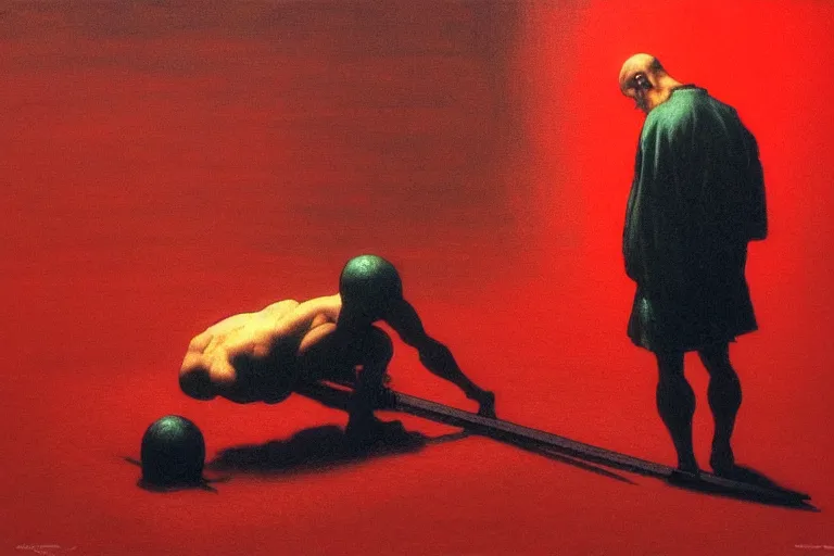 Image similar to only with red, a red samurai do seppuku, tokio, a lot of frogs watch, in the style of beksinski, parts by edward hopper, parts by rodcenko, parts by yue minjun, intricate and epic composition, red by caravaggio, insanely quality, highly detailed, masterpiece, red light, artstation, 4 k