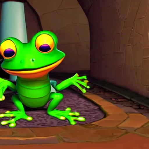 Prompt: screenshot of a cute inspector frog with a brown trenchcoat as an npc in spyro the dragon video game, with playstation 1 graphics, activision blizzard, upscaled to high resolution