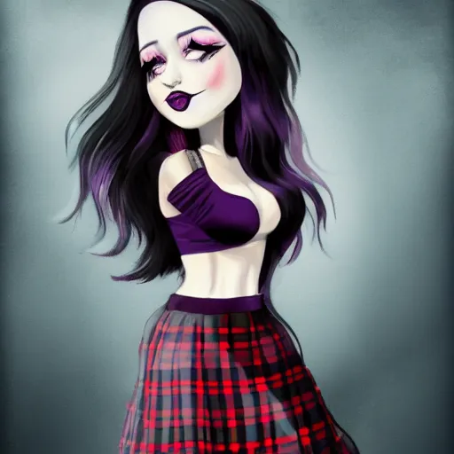 Image similar to full body art of a cute woman, long purple hair, black tanktop, red tartan skirt, black gloves, purple lipstick, digital art, fantasy art, 4k,