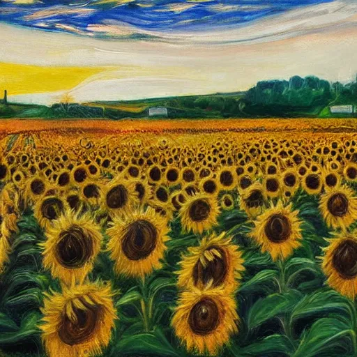 Prompt: Sunflower fields hyperrealistic oil canvas 4k in the style of Edvard Munch