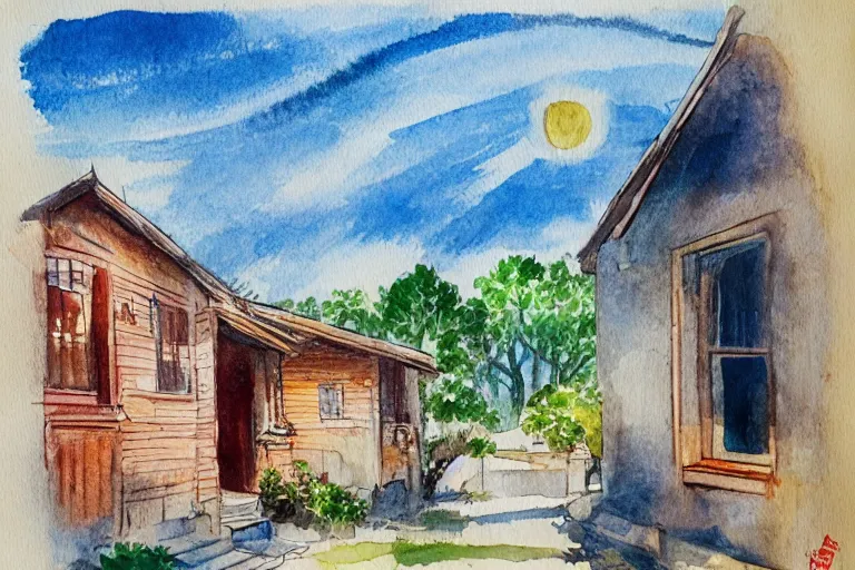 Image similar to rays of the morning sun shining through the window of the village house. very beautiful, clear sky, warm shiny colors, watercolor drawing