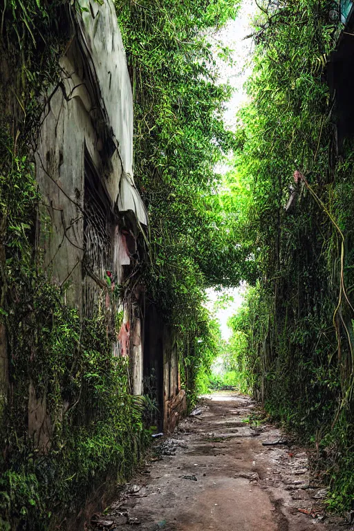 Prompt: abandoned sri lankan city street alley, overgrown greenery, photograph