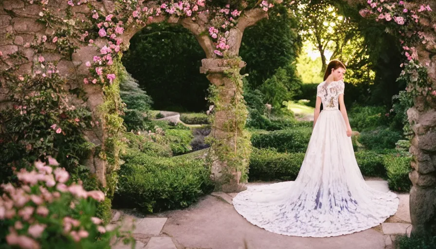 Prompt: analog photograph of beautiful woman from the back, wearing a long flowing trumpet style lace wedding dress in a stunning garden on a small stone pathway with a flower archway and a pristine water fountain, golden hour, by mark owen. rule of thirds. pastel colours. light rays. bokeh. cinematic. hq. detailed. contrast. cinestill 8 0 0 t