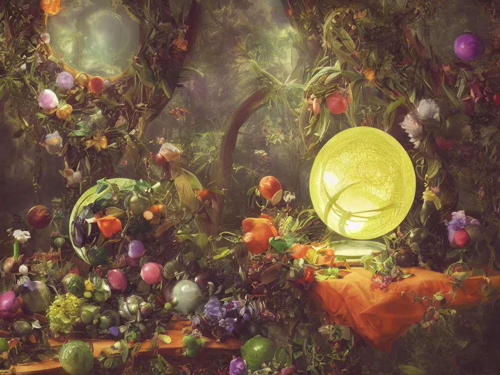 Image similar to the orb of dreams, sunlight study, art nouveau, by jan davidz de heem and ( ( ( ( lisa frank ) ) ) ), 8 k, sharp focus, octane render, ( ( ( kauai ) ) )