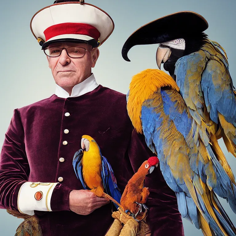 Image similar to high fashion photoshoot octane render portrait by wayne barlow and carlo crivelli and glenn fabry, a distinguished sea captain wearing a colorful eccentric velvet pastel vintage uniform and holding a macaw while standing on a beautiful high - end white and wood yacht, very short depth of field, bokeh