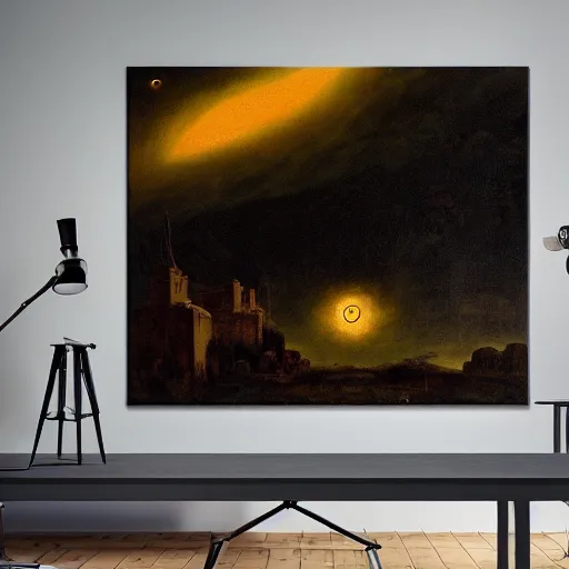 Image similar to dark solar eclipse, above a village, highly detailed, studio 4 k quality, by arnold bocklin