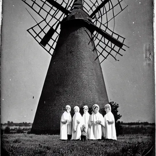 Prompt: an 1800s photo of a windmill. Cult worshippers in robes.