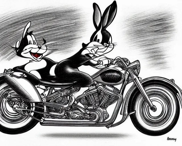 Image similar to Bugs Bunny riding a Harley Davidson, drawing by MC Escher