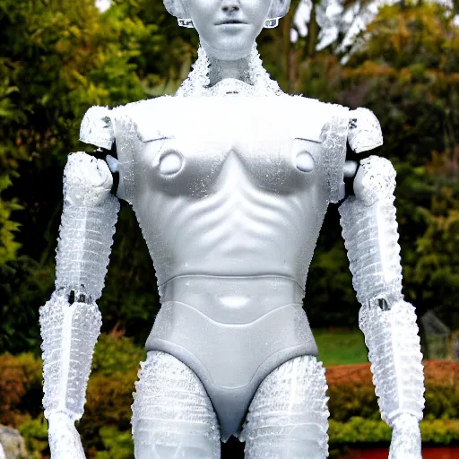 Image similar to made of ice, a realistic detailed photo of a guy who is an attractive humanoid who is half robot and half humanoid, who is a male android, on display, blank stare, showing off his muscles, shiny skin, posing like a statue, by the pool, frozen ice statue, twitch streamer / gamer ludwig, humanoid robot