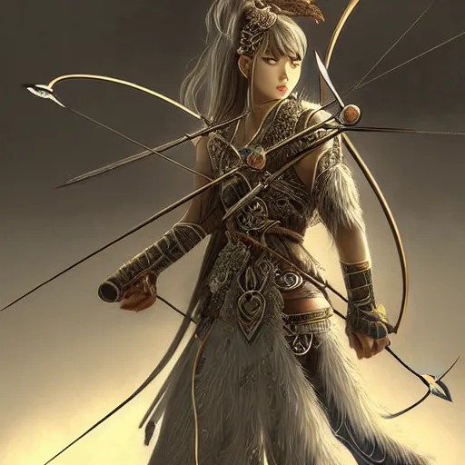 Image similar to beautiful extremely detailed intricate concept art depicting an archer by sakimichan. shining jewelry. grey atmosphere. particles in the background. bcy. net