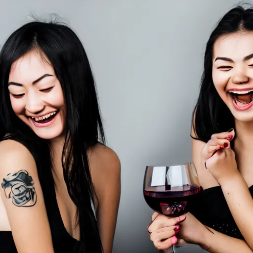 Image similar to large group of young eurasian women, tattoos, laughing, drinking wine, taken in photo studio, photorealistic, 8k,