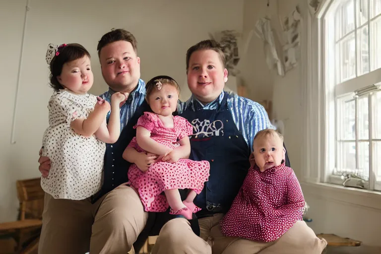 Prompt: charming and chubby parents and their very fat baby girl, wearing a polka dot cloths and a victorian - style hairdo, sits in the large and bright studio. sunlight enters through the barred window. very realistic shiny skin. subsurface scattering shiny skin. beautiful lighting, 4 k post - processing, highly detailed, 5 k extremely detailed, 3 d. cinematic scene.