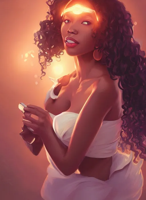 Image similar to detailed digital painting of beautiful black woman ceo, juggling cells phone manilla folders coffee fanart behance digital painting artstation, concept art, matte, sharp focus, illustration, corporate office atmosphere, hearthstone, art by artgerm and greg rutkowski and alphonse mucha