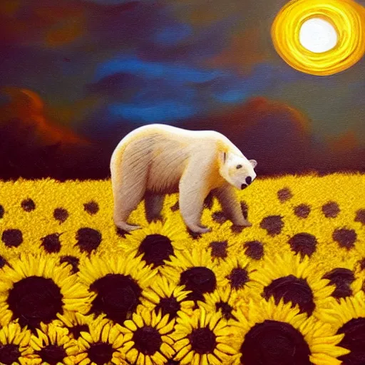 Image similar to Impasto painting of a polar bear in a field of sunflowers over a sunset, ayahuasca