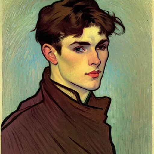 Prompt: portrait painting of young handsome beautiful human man with short messy partly shaved dark brown hair and blue eyes and strong jawline and small scar! under one eye, in his 2 0 s named vidar, wearing armor!, modest, masculine jawline!, squarish face shape, slightly round chin, art by alphonse mucha, vincent van gogh, egon schiele