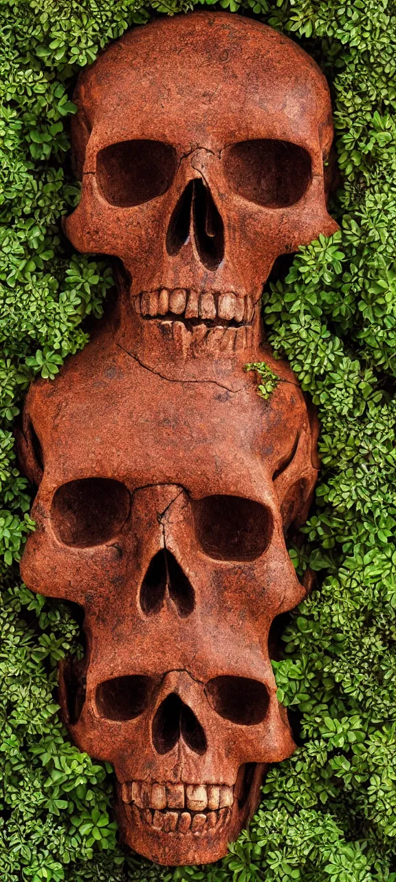 Prompt: award winning photo of robot skull rusty and filled with plants, stunning, 4 k, detailed, top - down, realistic