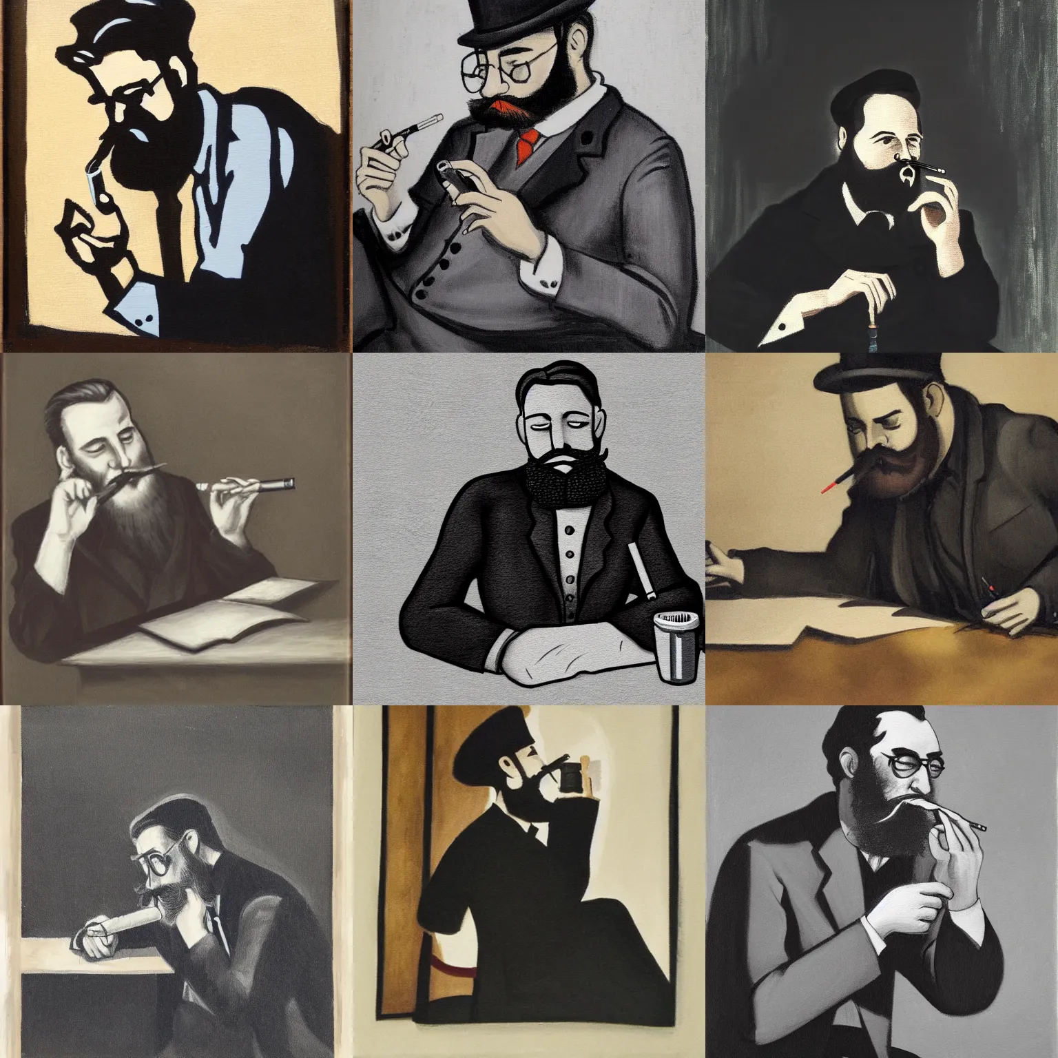 Prompt: noir style painting of a writer with a beard sitting, he is smoking a cigarette, he is holding a bottle in his other hand