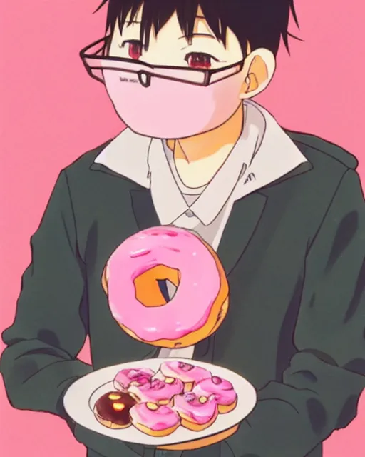 Image similar to a pig eating a pink frosted donut, full shot, visible face, ambient lighting, detailed, very modern anime style, art by hayao miyazaki, makoto shinkai