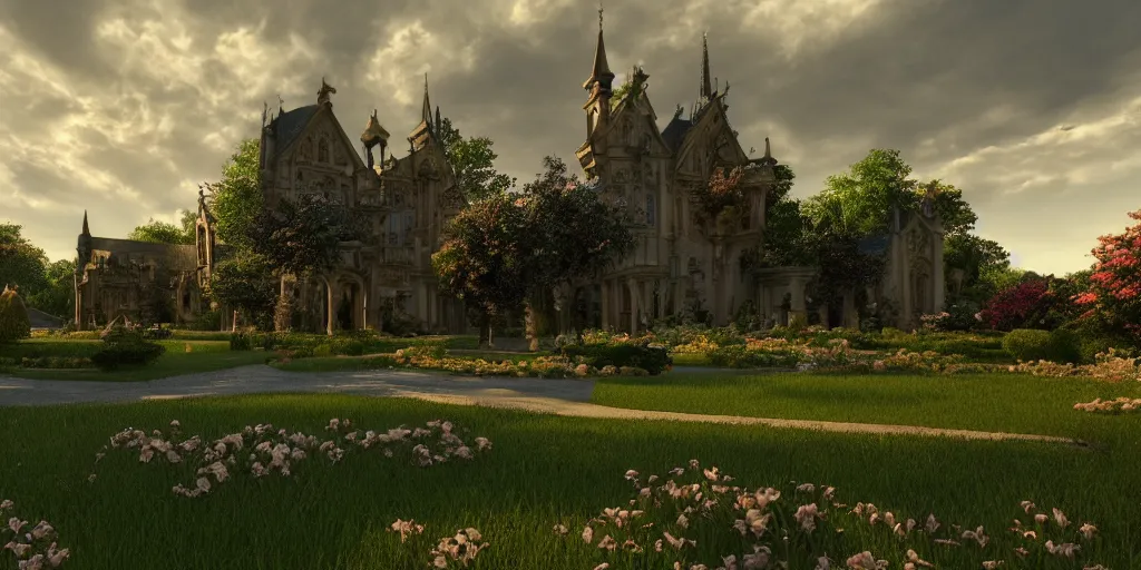 Prompt: gothic, mansion, few clouds, dawn, flowerbeds, trees, french garden, god rays, realistic, cinematic lighting, very detailed, very ornate, volumetric, by artstation, artemisia gentileschi, wide angle