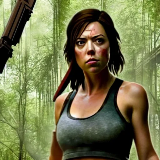 Prompt: still of aubrey plaza!!!!!!!!!!!! as lara croft, tomb raider.