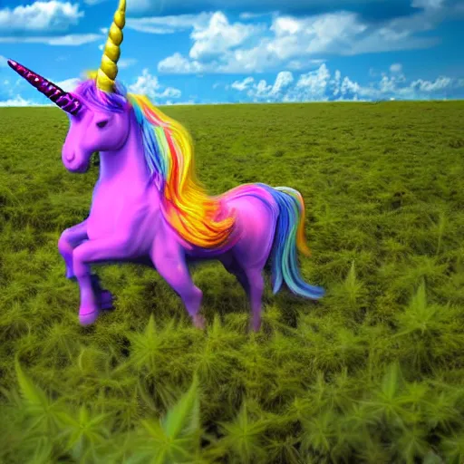 Image similar to a colorful unicorn with wings eating in a field of marijuana, photography, 8 k, highly detailed, ultra realistic, path traced