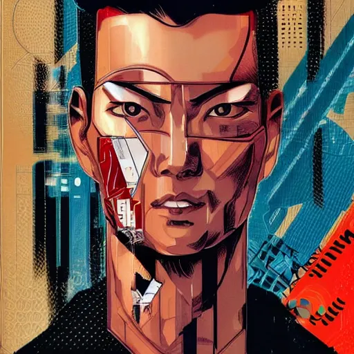 Image similar to portrait of a japanese male android, by MARVEL comics and Sandra Chevrier