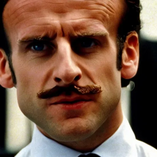 Image similar to Emmanuel Macron wearing a mustache in American Psycho (1999)