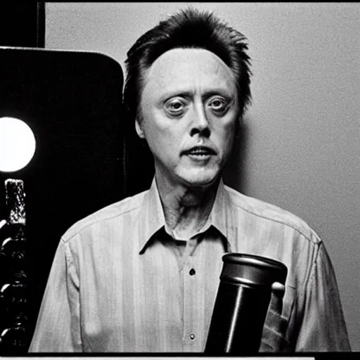 Prompt: “Christopher Walken in recording studio with a cowbell”