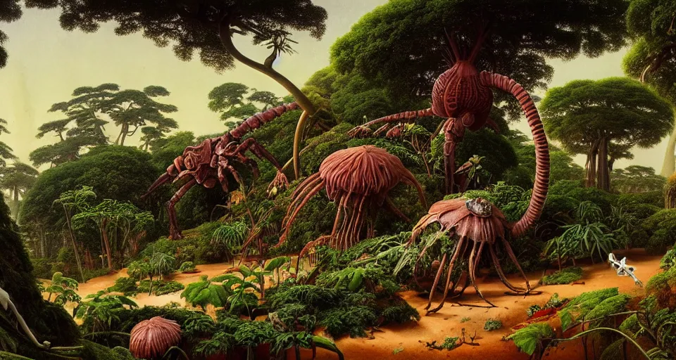 Image similar to huge woodlouse, bones of dead animals, a landscape on the moon with many craters, huge woodlouse, a beautiful flowering garden, a lot of exotic vegetations, trees, intricate detaild, pale colors, 8 k, in the style of martin johnson heade and roger dean