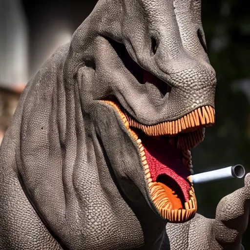 Image similar to dinosaur smoking a cigarette realistic 8 k hdr 3 5 mm