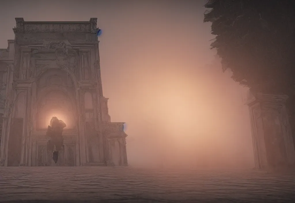 Image similar to a sfx demon inside a pristine palace, sunset, rendered in octane, mood fog