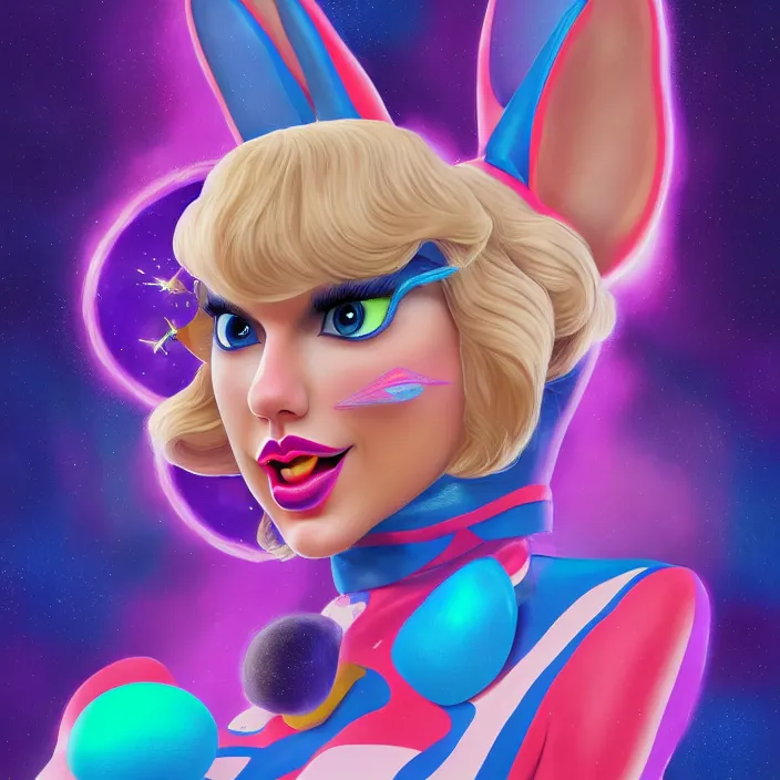 Image similar to portrait of Taylor Swift as LOLA BUNNY in SPACE JAM. HD, 4K. intricate abstract. intricate artwork. by Tooth Wu, wlop, beeple, dan mumford. octane render, trending on artstation, greg rutkowski very coherent symmetrical artwork. cinematic, hyper realism, high detail, octane render, 8k, iridescent accents